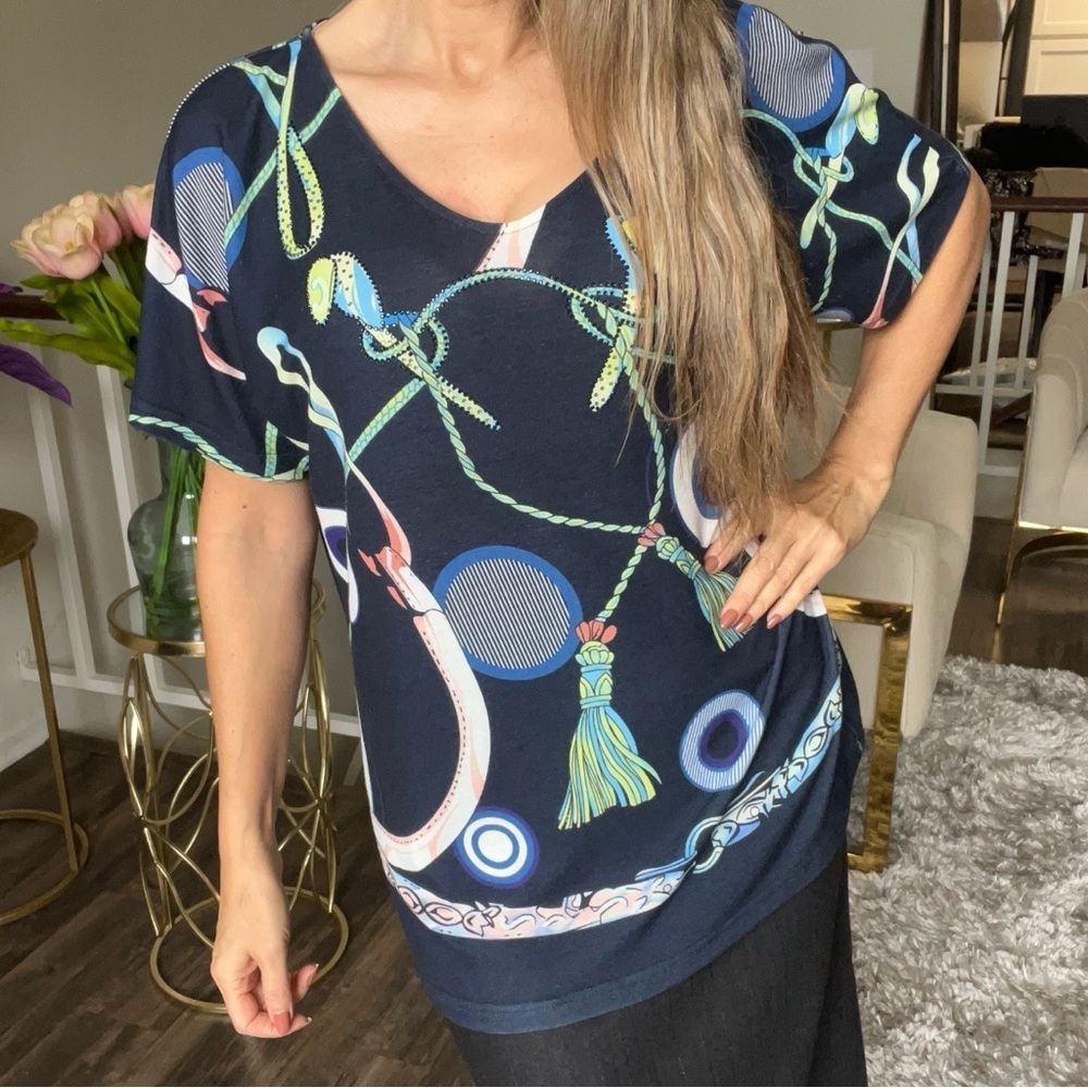 Rinatti Collection Navy Blue Printed Oversized V Neck Relaxed Fit Viscose Top 3L